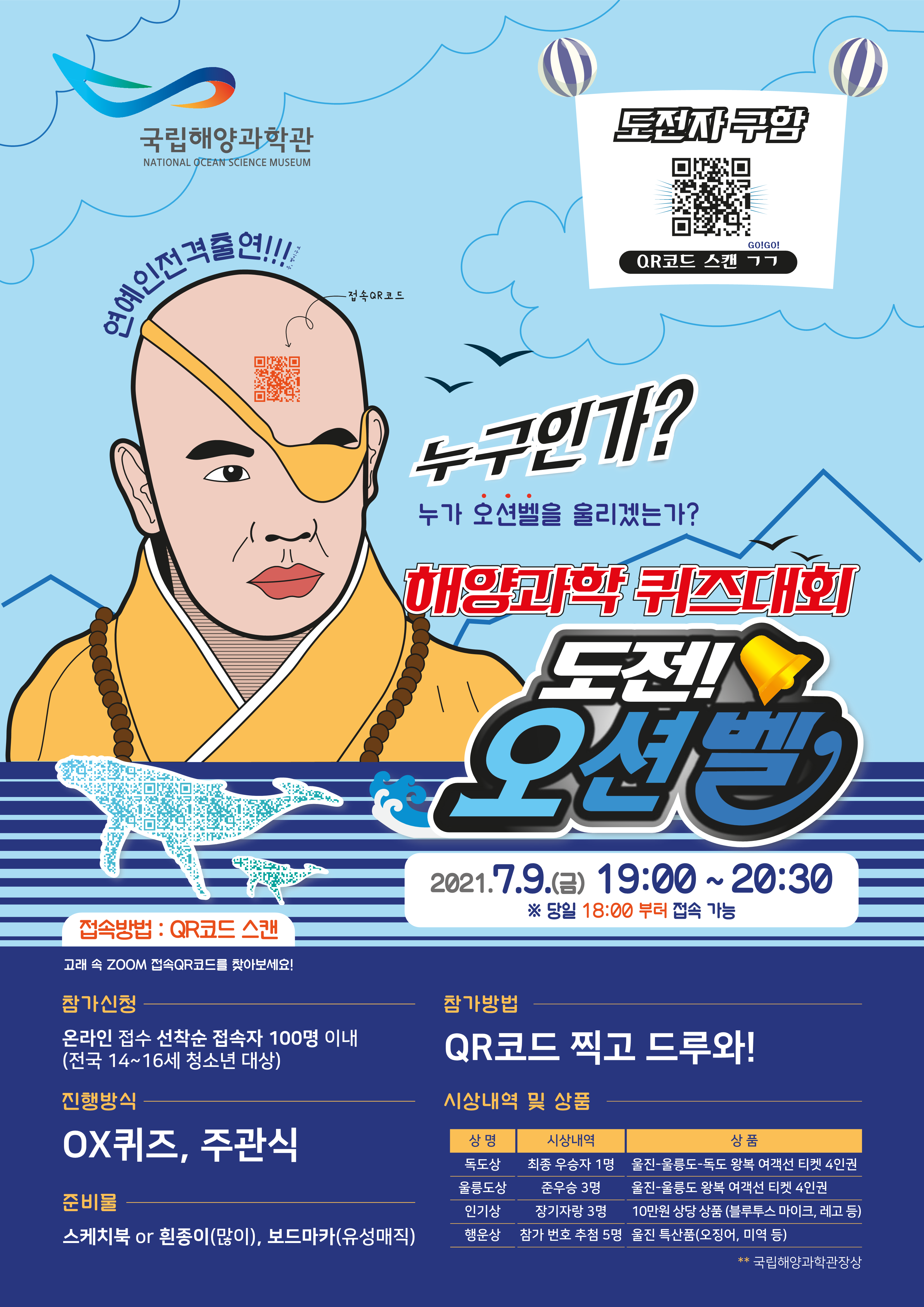 국립해양과학관(로고) 도전자 구함 QR코드 스캔 ㄱㄱ 연예인전격출연!!! 접속QR코드 누구인가? 누가 오션벨을 울리겠는가? 해양과학 퀴즈대회 도전! 오션벨 2021.7.9.(금) 19:00~20:30 ※ 당일 18:00부터 접속 가능 접속방버비 QR코드 스캔 고래 속 ZOOM 접속QR코드를 찾아보세요! 참가신청 온라인 접수 선착순 접속자 100명 이내(전국 14~16세 청소년 대상) 진행방식 OX퀴즈, 주관식 준비물 스케치북 or 흰종이(많이), 보드마카(유성매직) 참가방법 QR코드 찍고 드루와! 시상내역 및 상품 상명 독도상 시상내역 최종 우승자 1명 상품 울진-울릉도-독도 왕복 여객선 티켓 4인권 울릉도상 준우승 3명 상품 울진-울릉도 왕복 여객선 티켓 4인권 인기상 장기자랑 3명 10만원 상당 상품(블루투스, 마이크, 레고 등) 행운상 참가 번호 추첨 5명 울진 특산품(오징어, 미역 등) ** 국립해양과학관장상